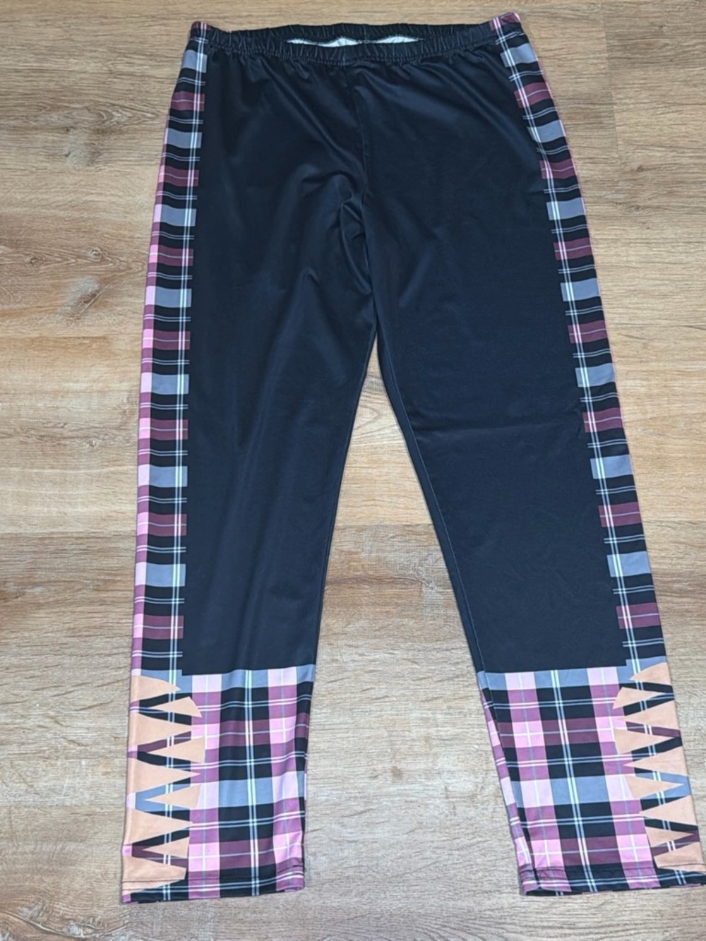 Girls' Black Leggings with Pink Plaid Trim
